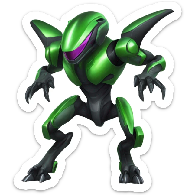 a shiny black-green Genesect-Raptor-Fakémon—hybrid with a futuristic visor-helmet full body sticker