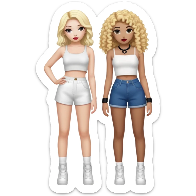 Full body of two teenage girls standing together, one white with straight blonde hair and one brown-skinned with curly dark hair, both with heavy makeup, big lips, crop tops and choni style clothing sticker