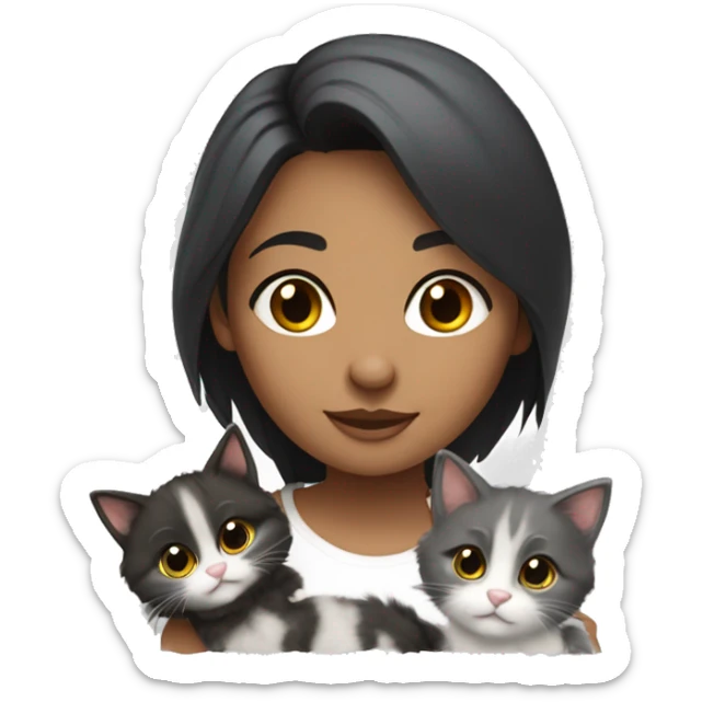 a girl with dark hair is surrounded by 4 kittens, one of them is gray fluffy, another is black with white paws, the third is brown, the fourth is gray with short hair sticker