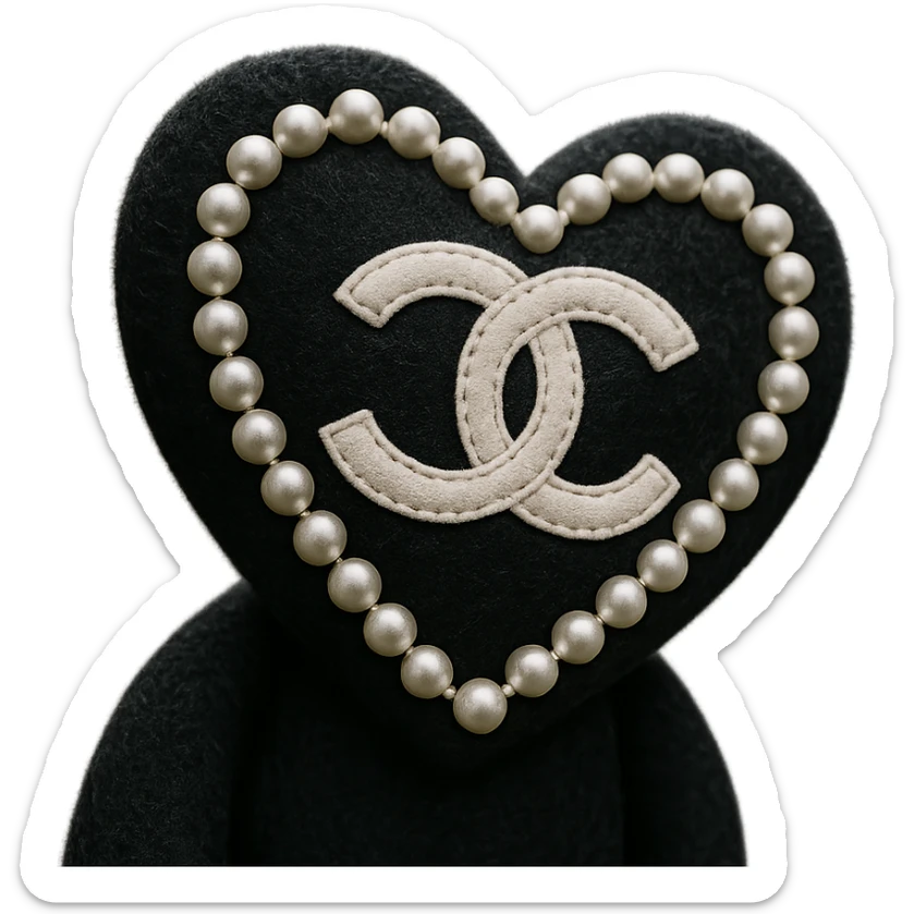 Chanel heart with pearls, plush portrait style, soft and luxurious, black and white sticker