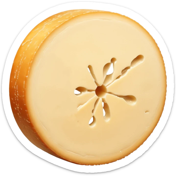 whole round wheel of reblochon cheese with soft washed rind light orange-beige tone slightly mottled velvety wedge cut creamy pale yellow interior smooth gooey near rind no board knife or garnish soft lighting subtle shadows emoji scale sticker