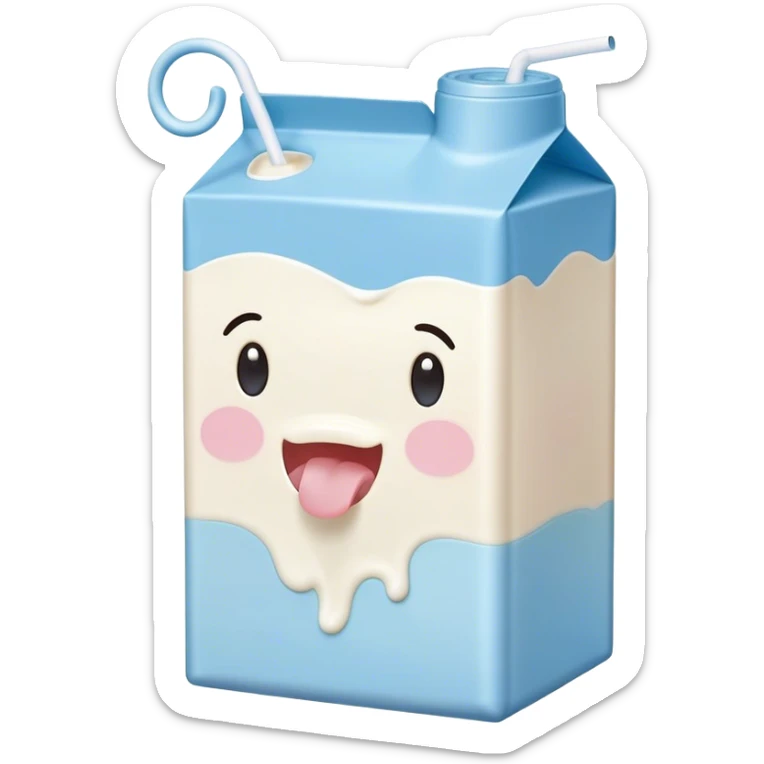 Cute Kawaii Milk Carton, small and boxy, bright pastel blue and white, blushing cheeks, a tiny straw poking out, soft glowing highlights, adorable farm-fresh cuteness! sticker