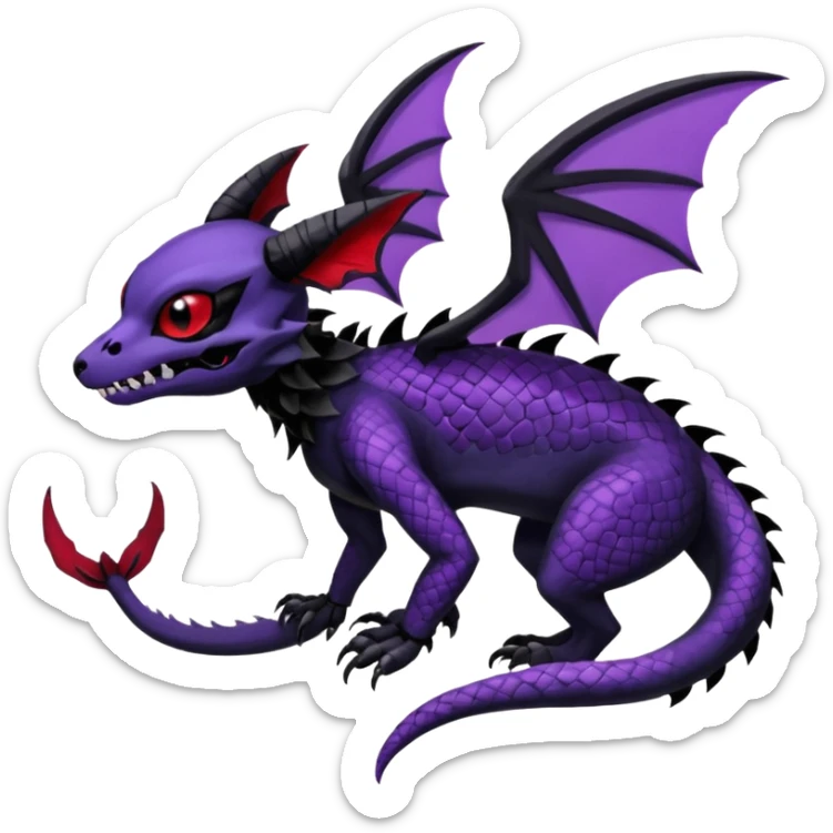 Gothic spooky Scaley Exotic Salandit-Umbreon-Noibat-Fakémon-hybrid-creature (full body), 4 legs, white skull face mask sticker