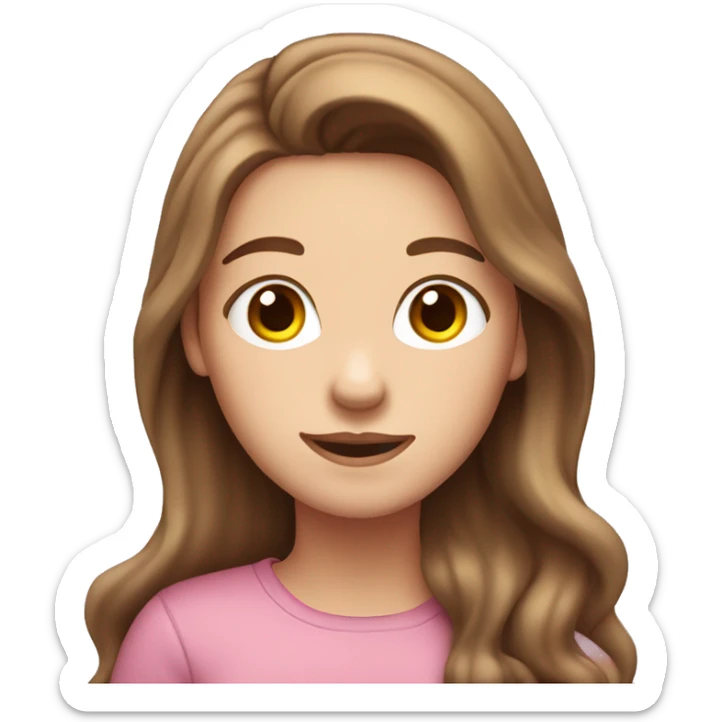 emoji of a white girl with long brown hair that falls below her shoulders. She has a friendly expression and is wearing bright clothing. The background should be a soft pastel color sticker