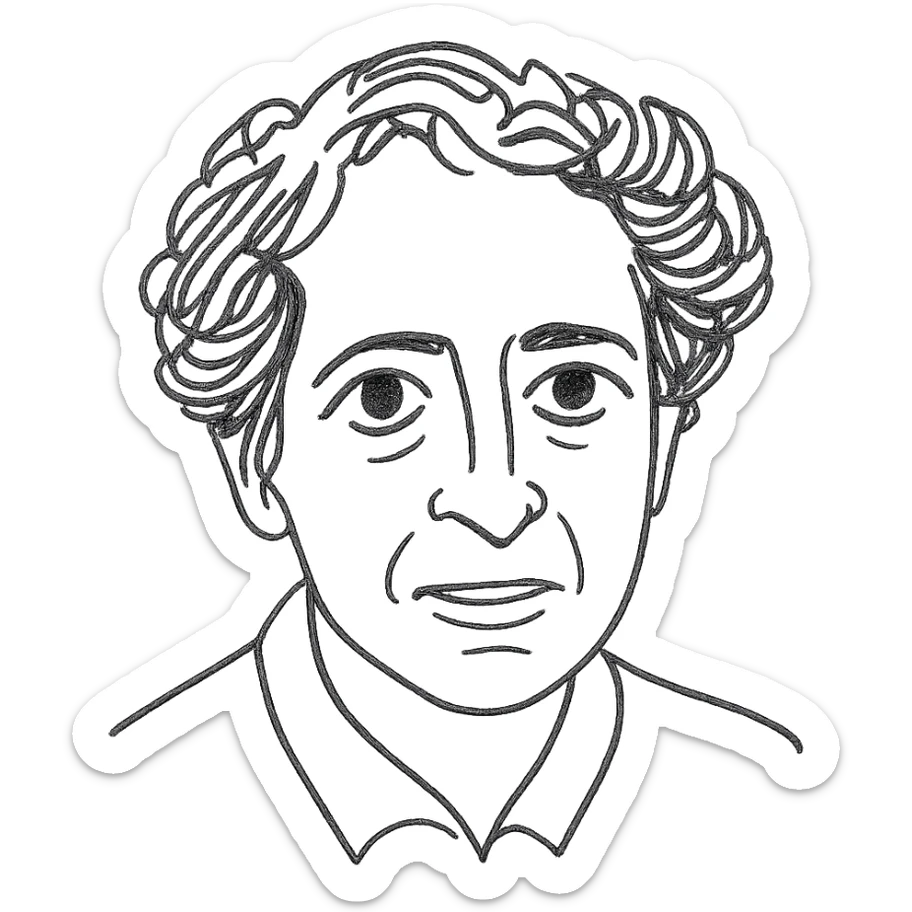 a hand drawn black outline portrait of Hannah Arendt with similar size eyes based a famous photograph of her sticker