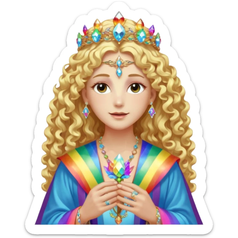 a being made of light pleidian nordic long faces and curly blond hair but beautiful features of light wearing jewels and a rainbow halo like a saint arount herwith a robe on made of light and diamonds semi transparent belly dancer and who is lanky holding a bouquet of crystal flowers on rainbow fire sticker