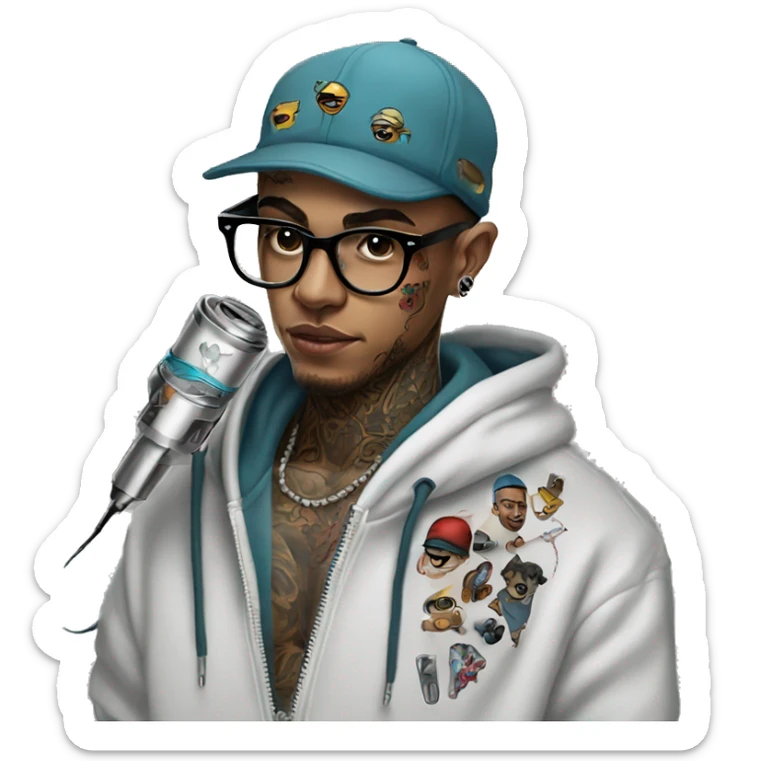 cap hoodie and glasses boy tattoo artist with tattoo holding tattoo machine sticker