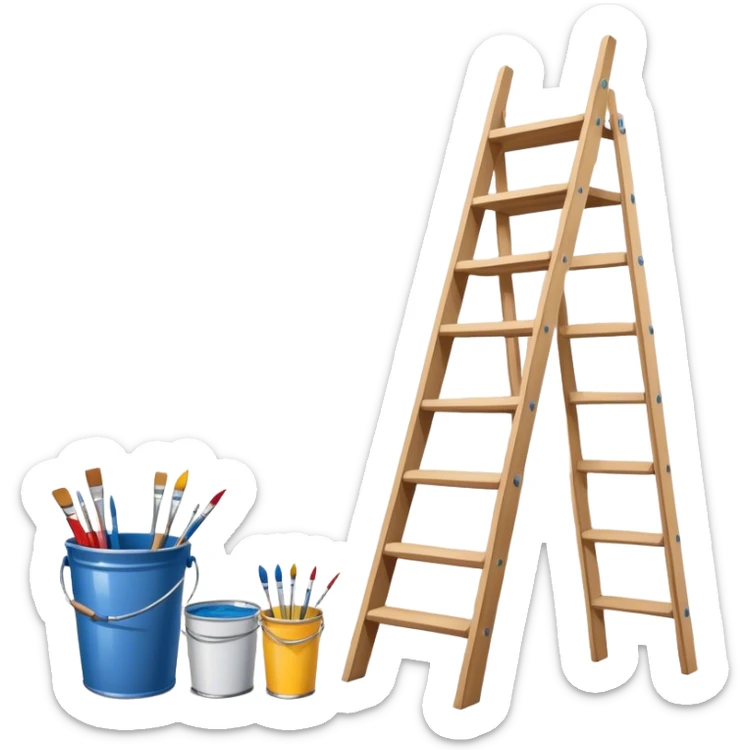 Wall painting icon, wall with an unfinished painting, no frame, a beautiful mural in progress, visible paintbrushes, rollers, and a bucket of paint, wooden ladder beside, minimalistic style, clean lines, transparent background. sticker