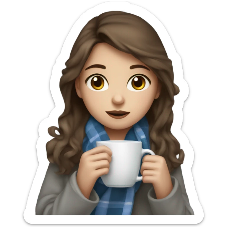 Girl with brown hair and blue eyes sipping on a tea wrapped in a grey plaid blanket  sticker