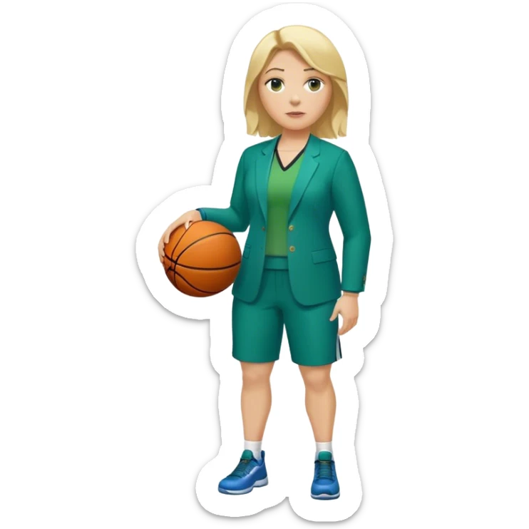 Full Body white plus size female basketball head coach with basket ball and clipboard  blonde hair past the shoulder length in a blue and green suit sticker