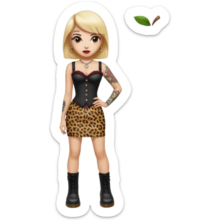 pin-up emoji, light skin, big eyes, maroon lips, brown hair with rockabilly bangs and blonde streak, leopard corset, black pencil skirt, Dr. Martens boots, old school tattoos, compact and rounded, Apple/iPhone emoji style, transparent background sticker