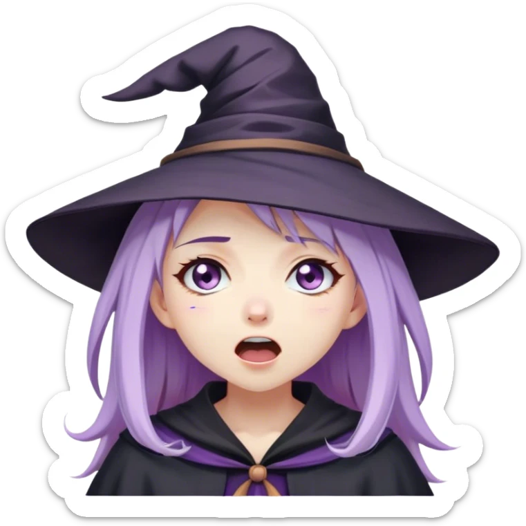 cute anime girl with lilac hair in a witch hat cries and screams loudly with her eyes closed sticker