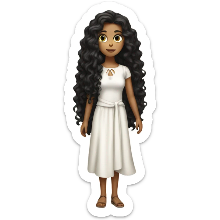 Tan girl with black long curly hair and white tied dress full body sticker