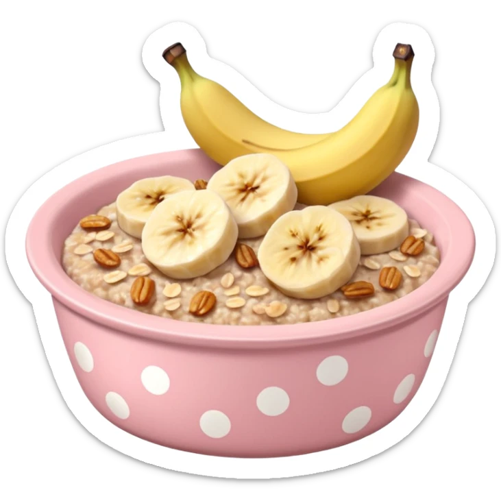 baked oats in a bowl like oat meal with a couple banana slices on top that look a little bit caramelised and a light pink bowl with white polka dots sticker
