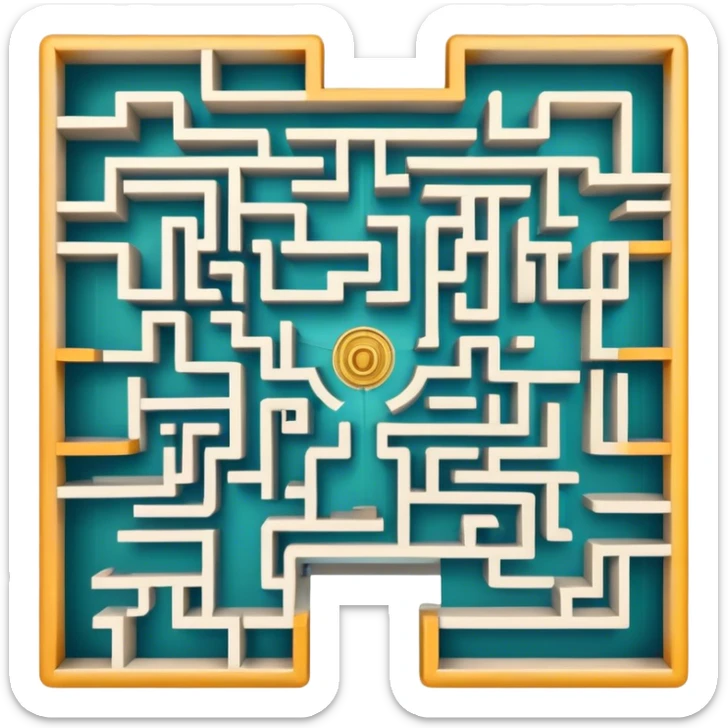 An icon showing an overhead view of a maze with doors on each side, leading to the finish line. The maze should be intricate, symbolizing the challenge of indoor and city-based escape rooms. The design conveys the thrill of navigating through twists and turns. transparent background sticker