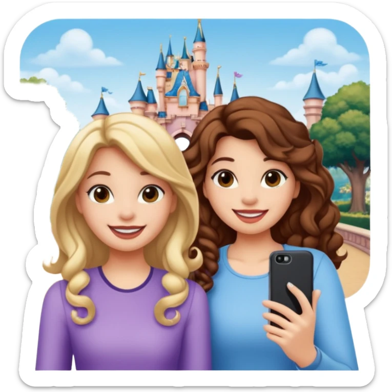 Haz un dos chicad una la bella de Disney y la otra uo con el pelo rizado largo haciendose un selfie como si et UVI ETB en el perquè de isney sticker