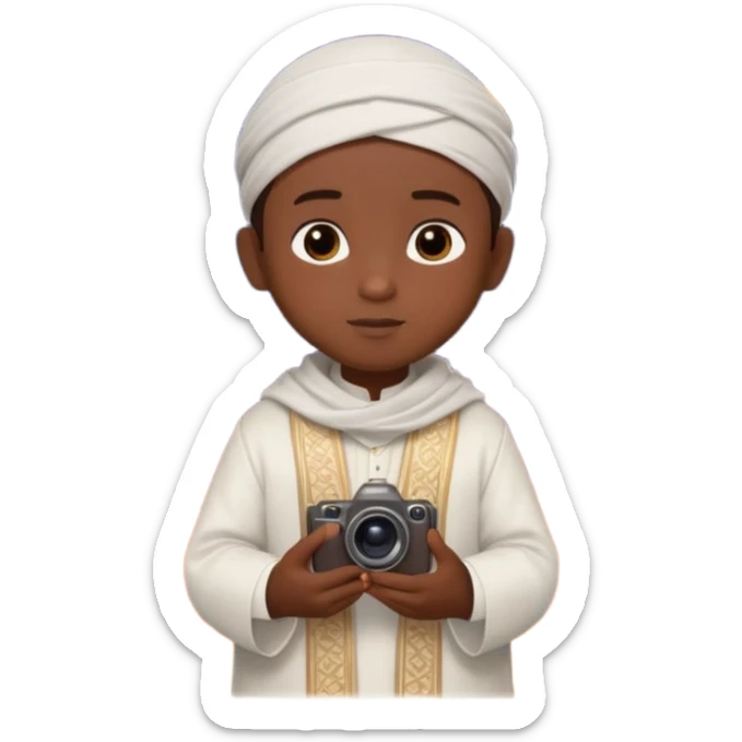 Personnage 3D mignon en style Pixar, un petit garçon portant un qamis blanc et un kufi, tenant un tapis de prière, entouré de lanternes brillantes, fond doux, couleurs chaudes, garçon teint noir TENANT UN APPAREIL PHOTO sticker