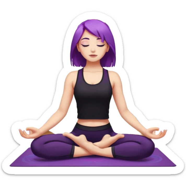 A young woman with purple hair doing yoga in the camel pose (Ustrasana), wearing a black sports outfit, minimalistic background with mandala pattern and colorful stars, soft lighting, peaceful atmosphere, digital illustration style. sticker