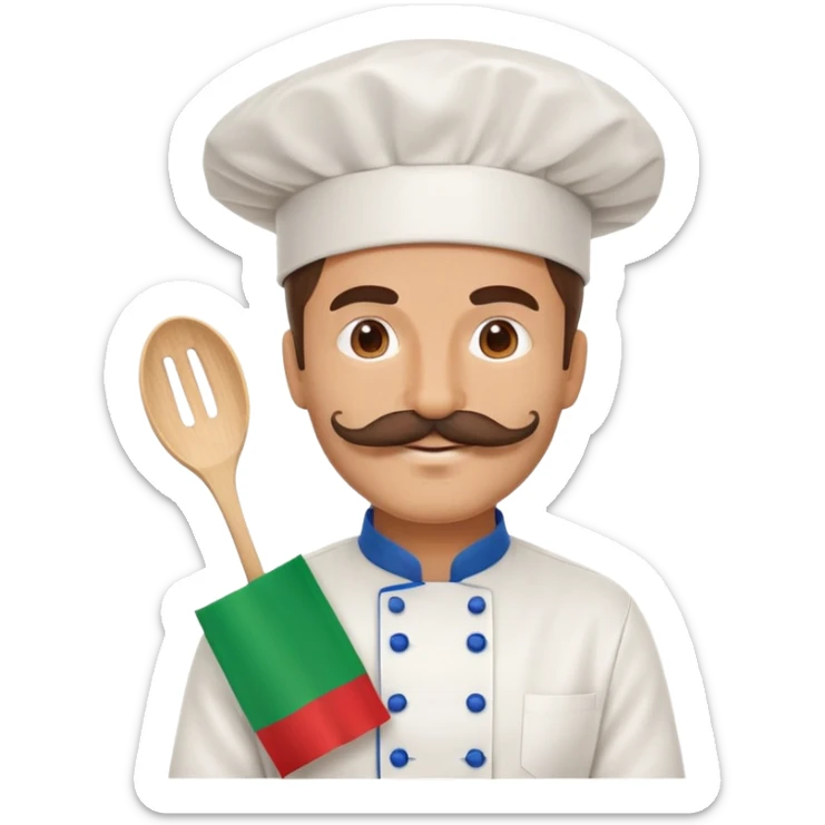 Paper fan with the design of an Italian man with a thick mustache, Italian flag colors, chef hat sticker