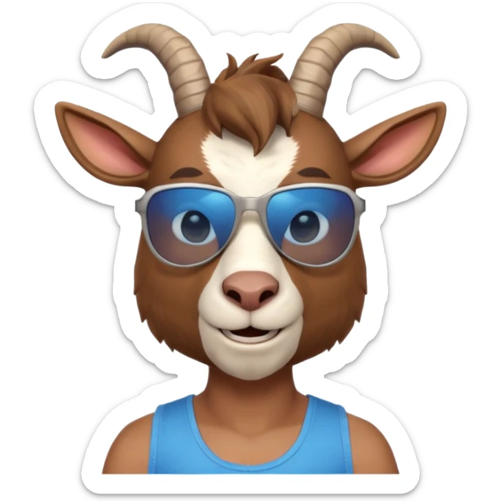 3D cartoon goat man portrait, head and shoulders, brown fur, small horns, blue reflective sunglasses, slight smile, tank top, soft lighting, centered, clean background, no text, no watermark
 sticker