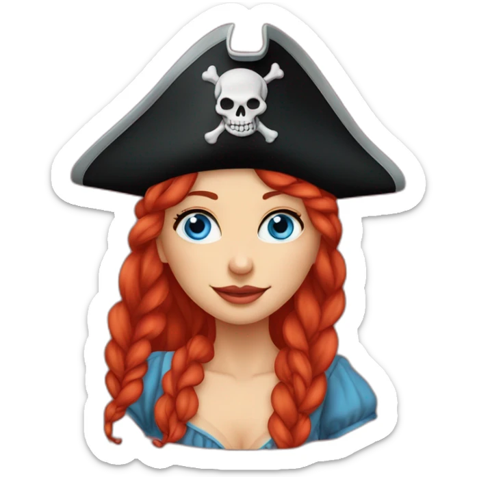 Woman long red platted hair hanging down to left, pirate hat. One side of head has no hair. Blue eyes. skull and crossbones t shirt sticker