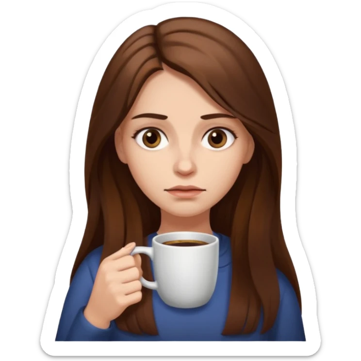 create a woman long hair brown, holding her cup of coffee looking exausted  sticker