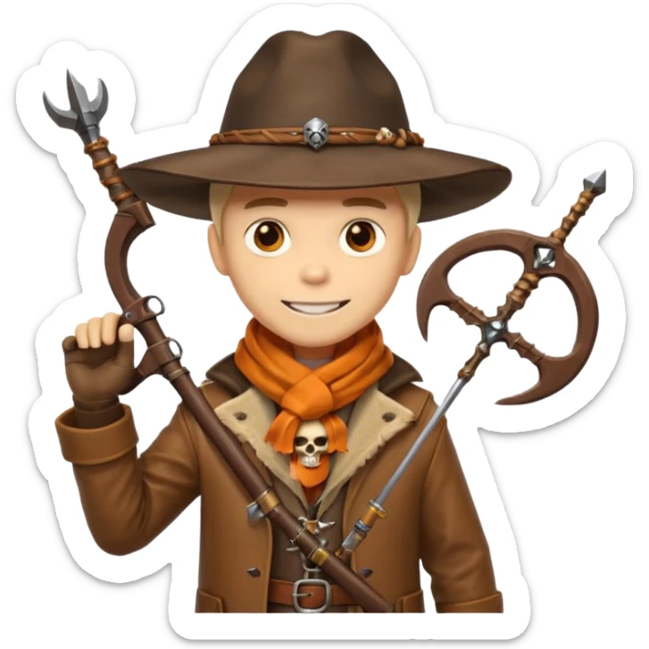 male human monster hunter emoji, wearing brown leather coat and wide hat, holding crossbow or rifle, with amulet shaped like skull, Halloween fantasy theme, confident smile, orange scarf, Apple emoji style, clean white background, square image sticker