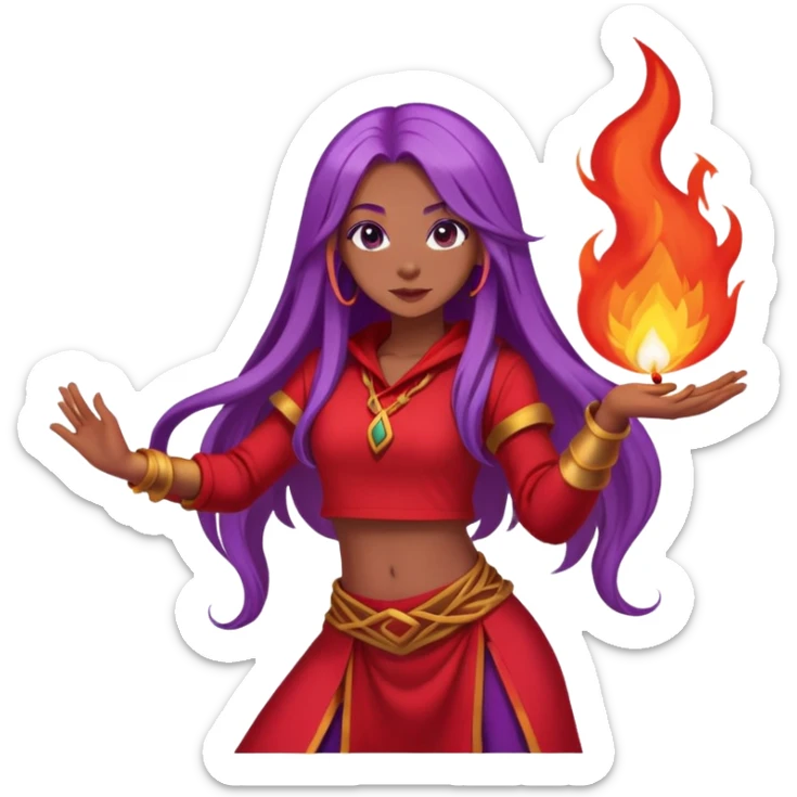 Fire contact poi dance, girl with long purple hair, red clothes sticker