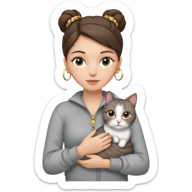 a white girl with brunette hair in a one single bun holding a grey cat. the girl has long lashes and has on a grey zip up that is half way zipped  and under a white shirt and gold jewelry that is gold bracelets. sticker