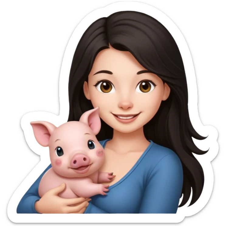 Ragazza bellissima sexy capelli lunghi scuri con un piccolo maialino sticker