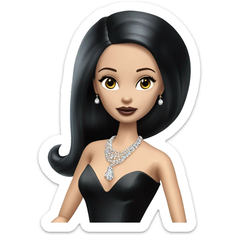 Hot Mortcia Addams Barbie. Slinky silk well-fitted, backless black dress. very pale complexion. simple jewelry. Bedroom eyeshadow. Dark straight hair. sticker