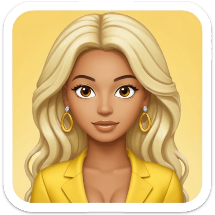 Beyonce brown eyes, long platinum blonde hair, yellow outfit with earrings sticker