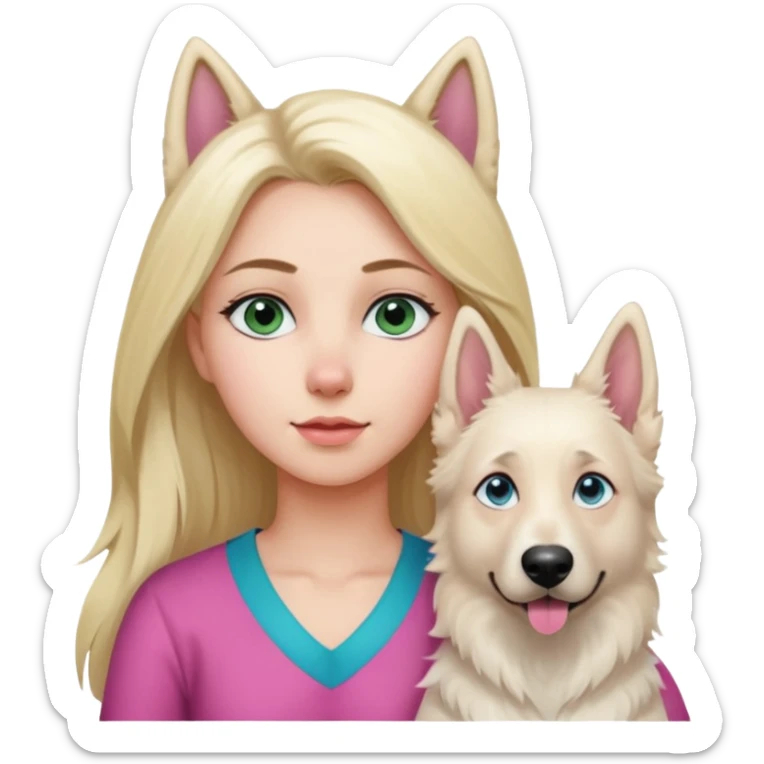 White European young woman with blue-green eyes and long blond hair with her white German Shepherd dog,the Dog has a pink nose and short fur  and Brown eyes sticker