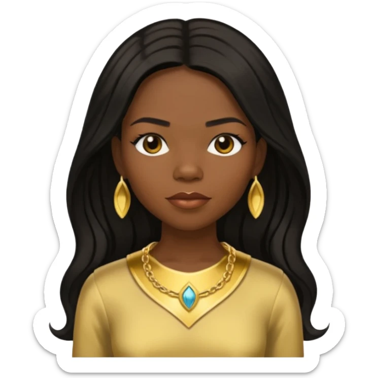 Michelle Williams from Destiny's Child with dark skin ,black long hair, gold outfit sticker