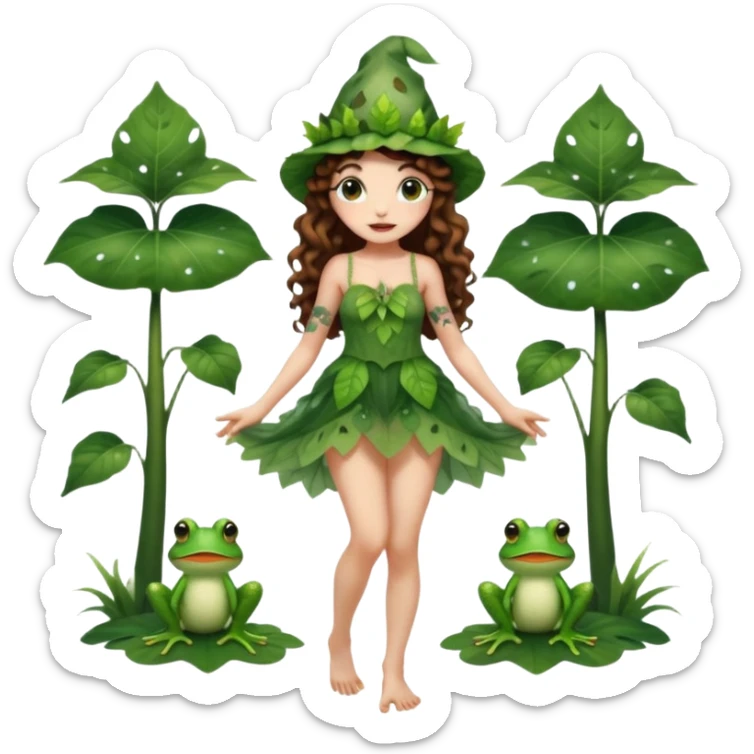 full body woman long curly brown hair brown eyes white skin tattoos wearing cute frog hat and sheer leaf dress, barefoot, flirty forest fairy pose sticker