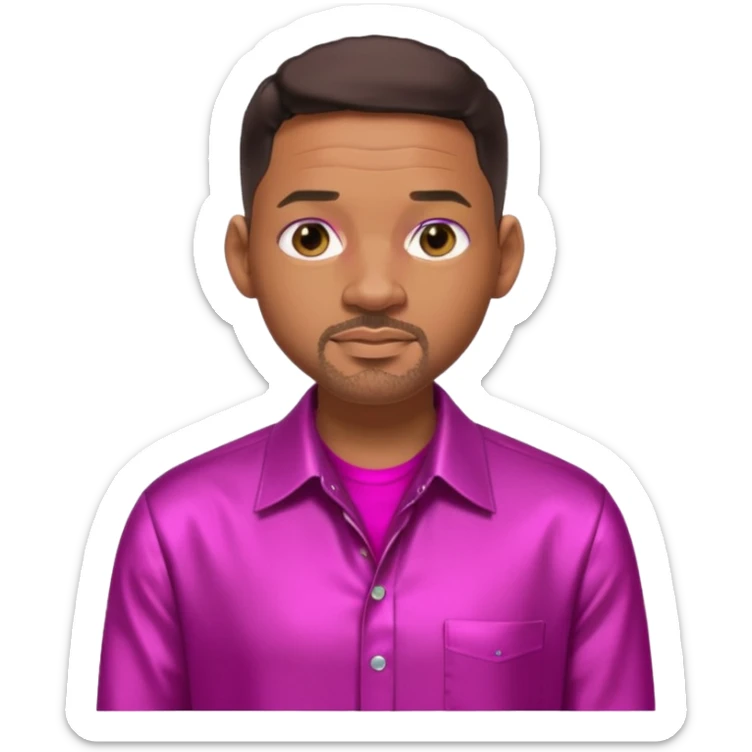 Will Smith with dark brown hair, metallic fuchsia dress shirt, metallic white pants sticker