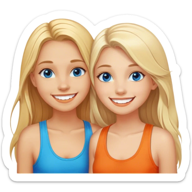 Two girls both have long blonde hair standing cheek to cheek on a beach with one girl wearing an orange shirt and the second girl wearing a tank top both have bright white teeth and smiling both have beautiful blue colored eyes sticker