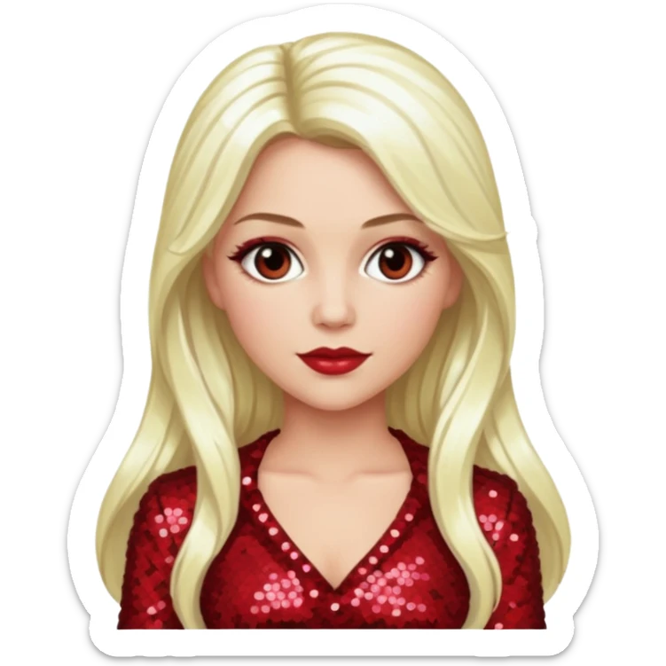 Tiffany Valentine with long platinum blonde hair, dark red sequin outfit sticker