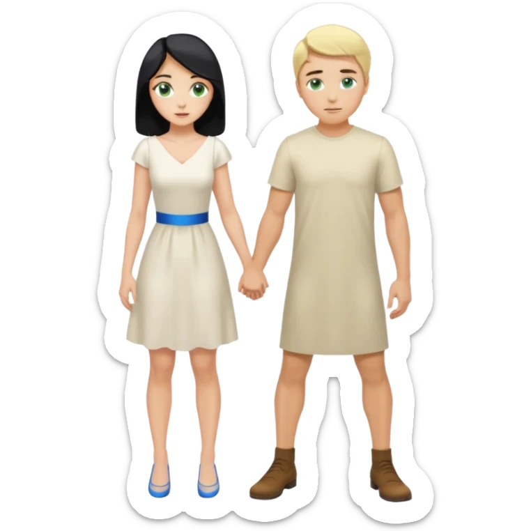 Man, black Hair, blue eyes, whole body, Woman, blonde, green eyes, White Dress, bending knees sticker