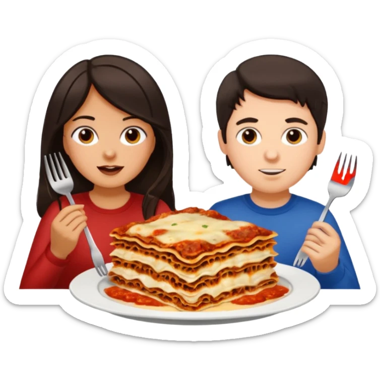 tan girl with dark hair and white guy with dark hair both with forks eating lasagna sticker