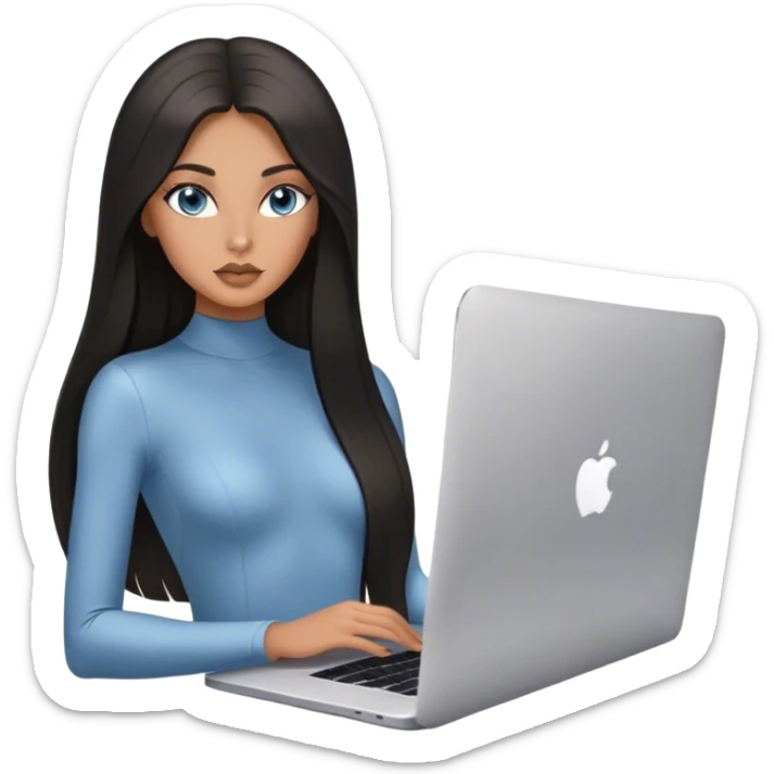 Glamours tanned very beautiful girl with pump nude lips and black straight smooth long hair, blue-grey eyes in bodysuit with one MacBook. sticker