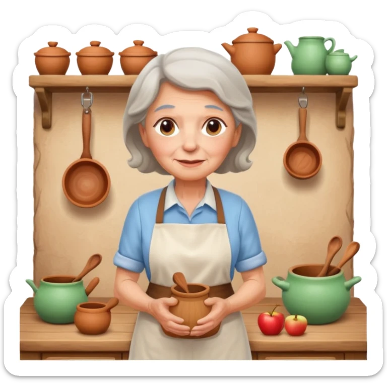cartoon Apple iOS emoji style rural elderly woman, pastel colors, Chilean wooden kitchen background, clay pots, warm light, detailed and clean vector art sticker