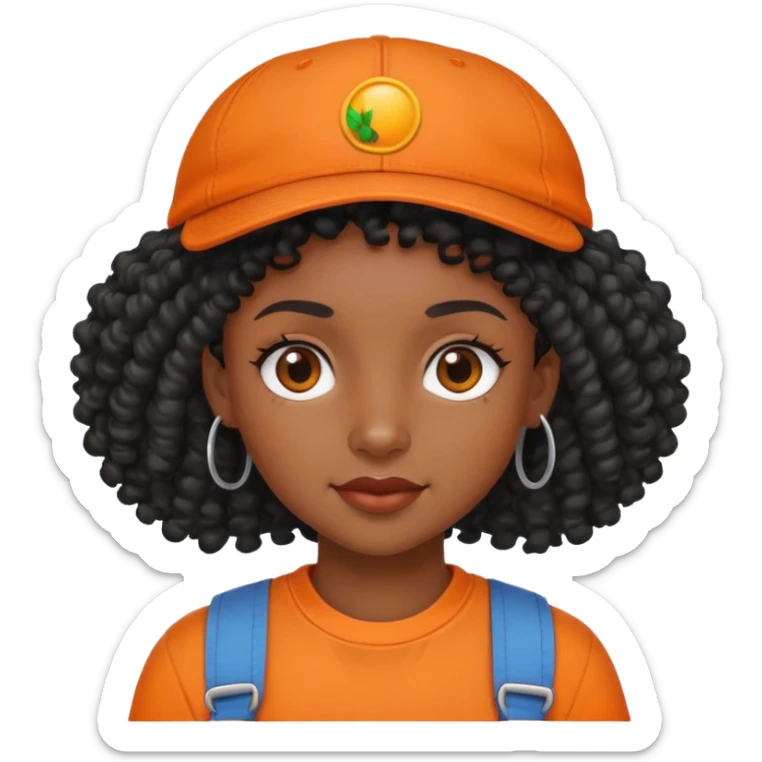 Black girl with curly mullet and a cap on in an orange shirt  sticker