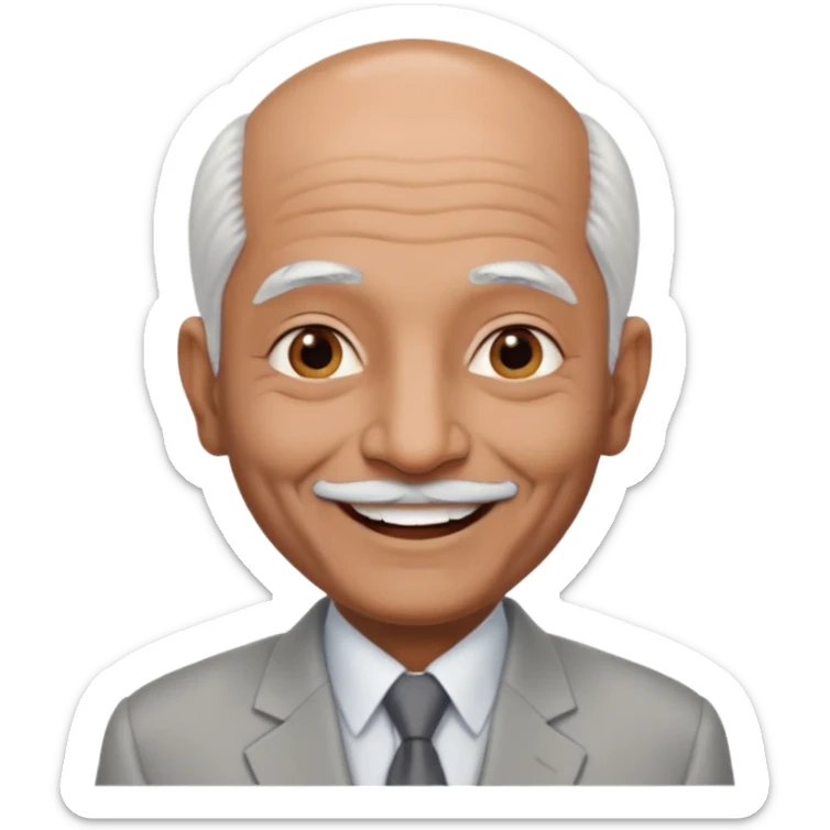 70 yr old indian man, almost bald, some white hair, light grey business suit, big smile, dark brown skin, no moustache
 sticker