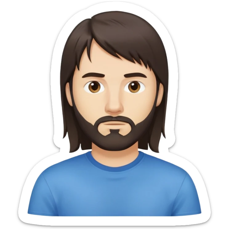 Caucasian Argentine man with long straight dark brown hair, loose hairstyle with bangs, shoulder-length hair, short full beard, serious-neutral expression, basic blue t-shirt sticker