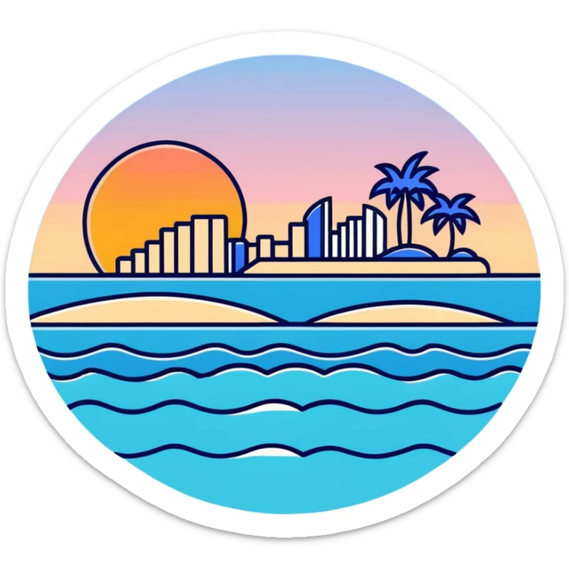high quality sticker of Palm Jumeirah, sunset colors, palm-shaped island, ocean waves sticker