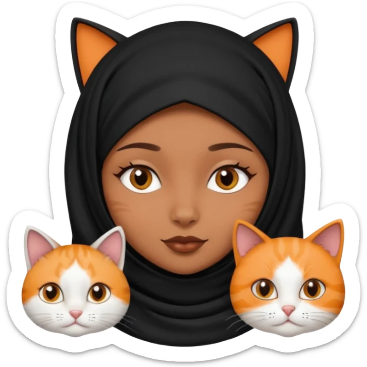 A girl with brownblack eyes and black hijab and three cats, one blackwhite girlcat and one blackwhite boy cat sticker