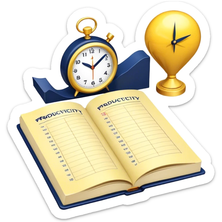 A yellow productivity book with navy blue and gold details, running clock and chart with upward trend aura, radiating productivity, strategy, and success in motion with time and happiness yellow... power in time sticker
