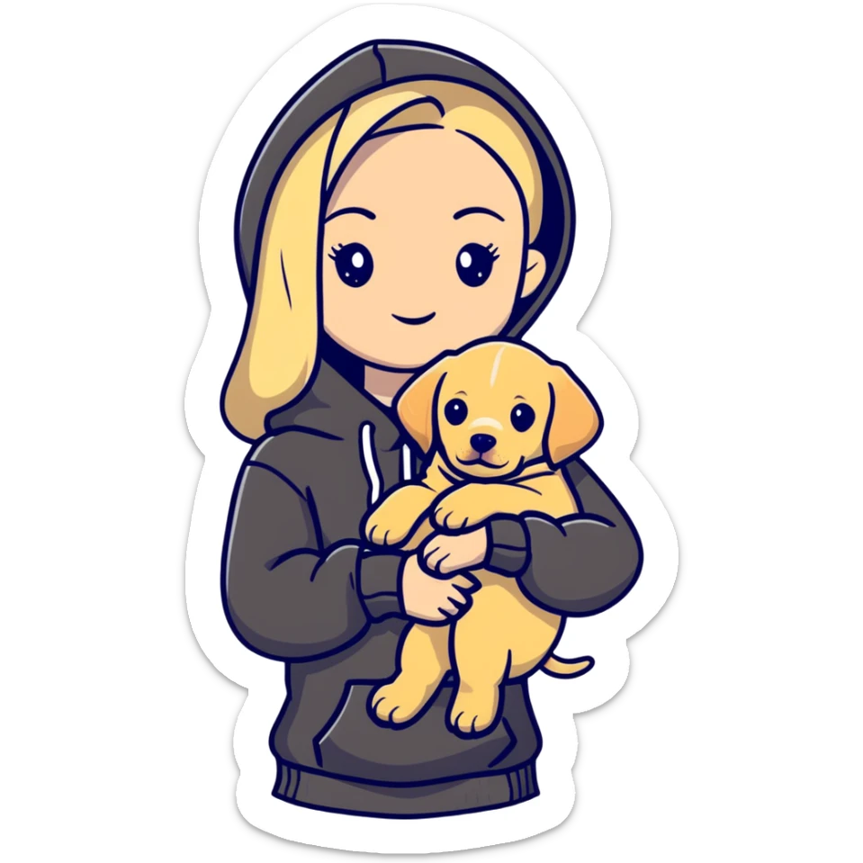 Blonde girl with smooth hair and a center part, light skin with freckles, wearing a hoodie and carrying a black baby labrador puppy in her arms sticker