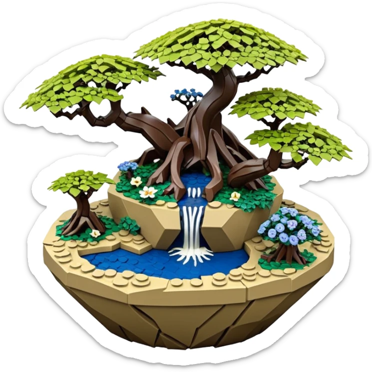 Alien Lego saucer jungle-vines mountain-island landscape antique mudman very old broken cracked intricate Stone Age rocky-crusted irregular dodecagon-shaped shallow dark moss rough bark blue serissa flowered maple tree bonsai pot sticker